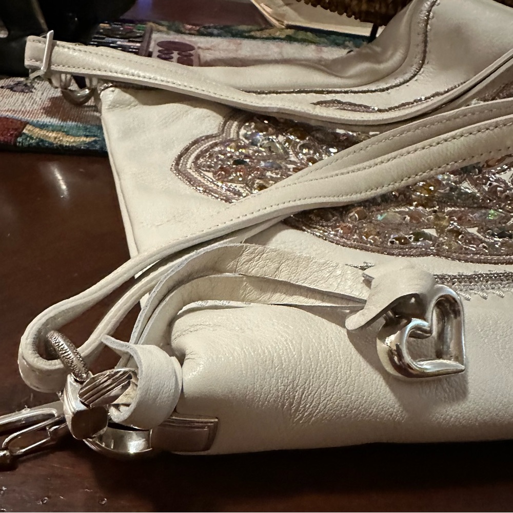Vintage Brighton bling design white leather bag w/strap. Like new. 11" by 10" - Picture 4 of 6